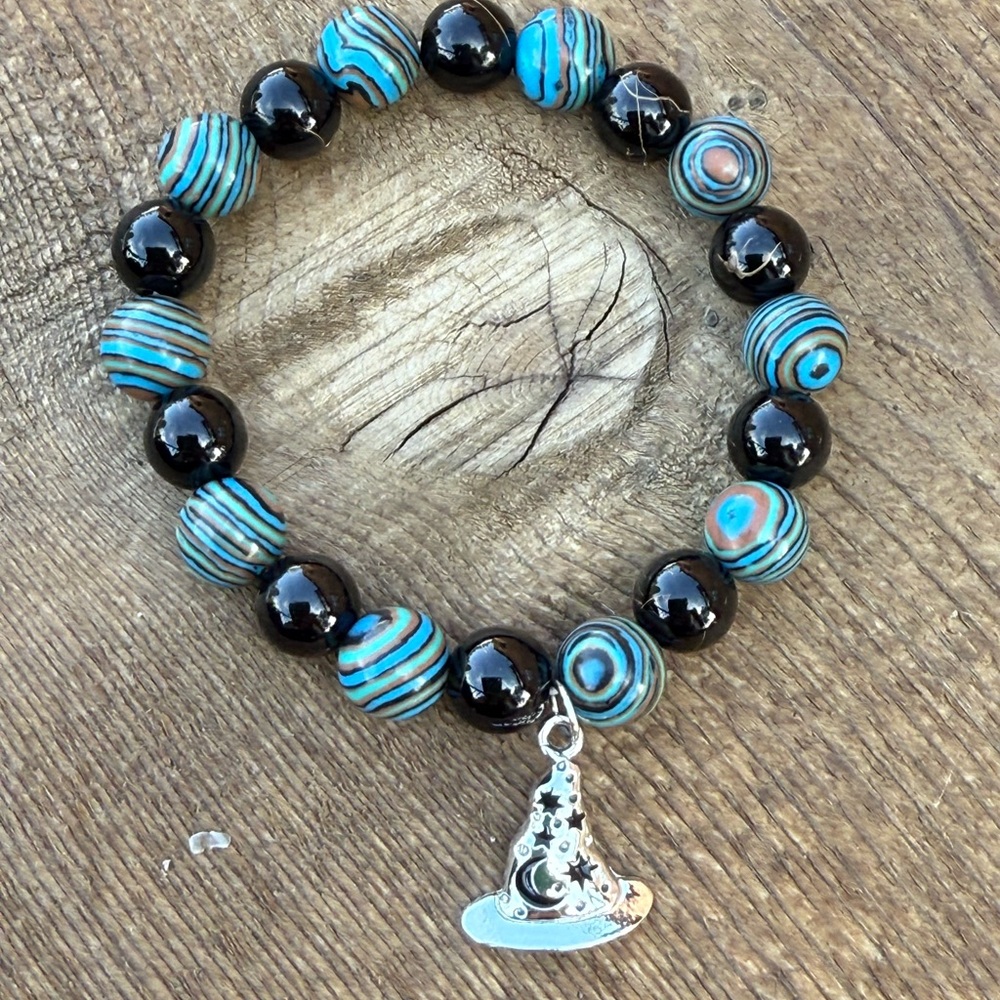 Black and Blue dyed agate Beaded Bracelet with witch hat Charm